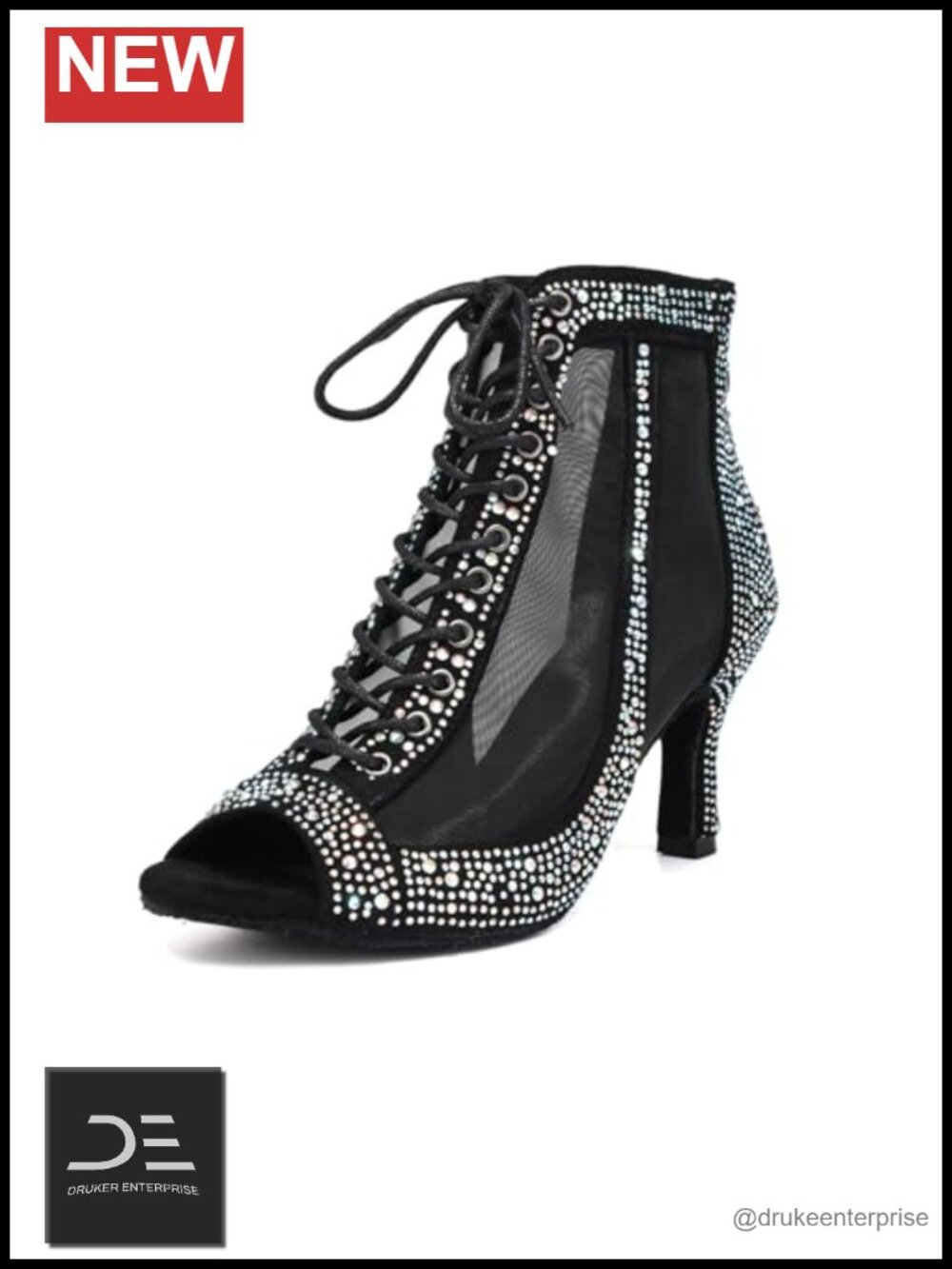 Rhinestone Latin Salsa Dance Heels Suede Sole 3 Inch Lace-Up